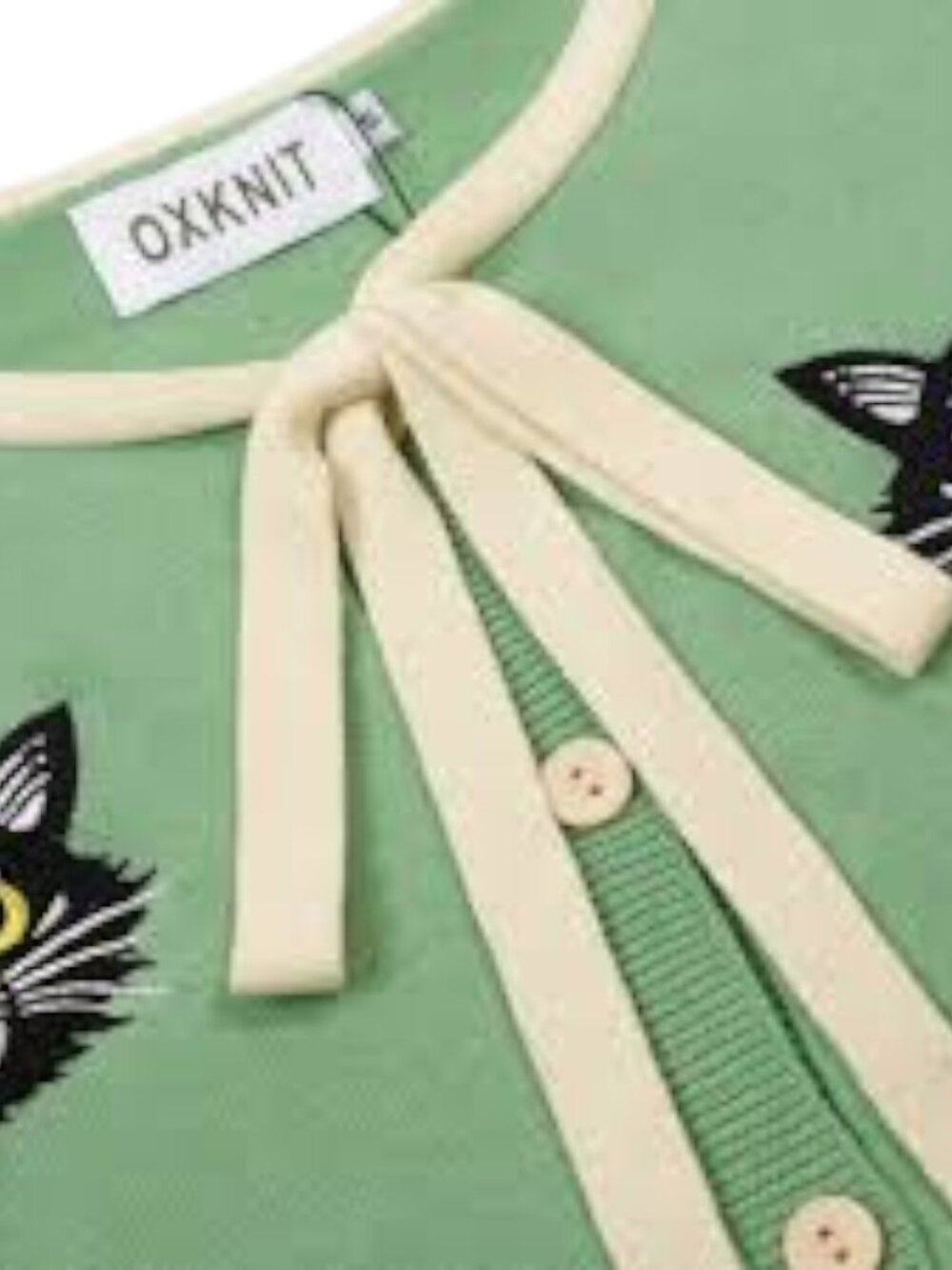 OXKNIT Women’s Mint Green Black Cat Bow Knit Cardigan Top M NWT - Picture 2 of 3